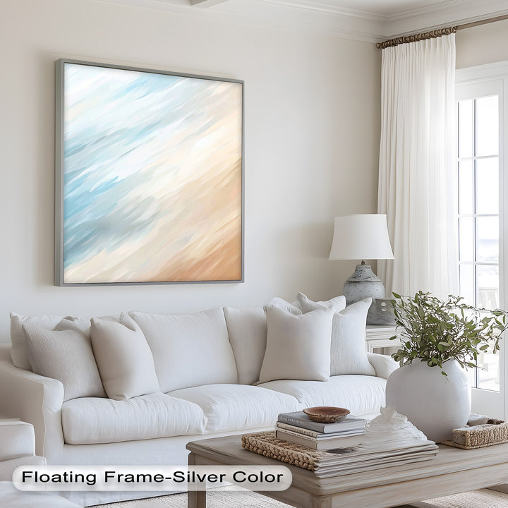 Seaside Drift – Abstraktes Ölgemälde in sanftem Blau und Sand