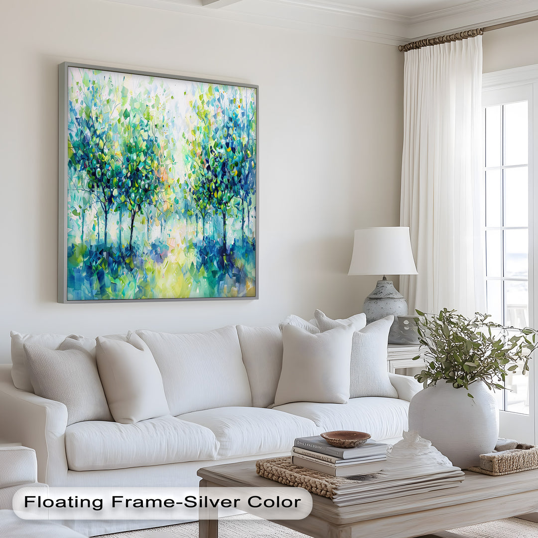 Blue & Green Forest Landscape – Abstract Nature Oil Painting