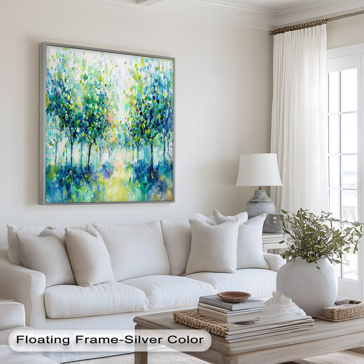 Blue & Green Forest Landscape – Abstract Nature Oil Painting