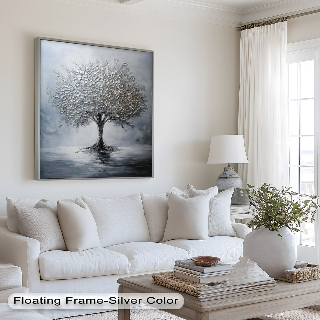 Silver Stillness – Tree in Monochrome Abstract Oil Painting