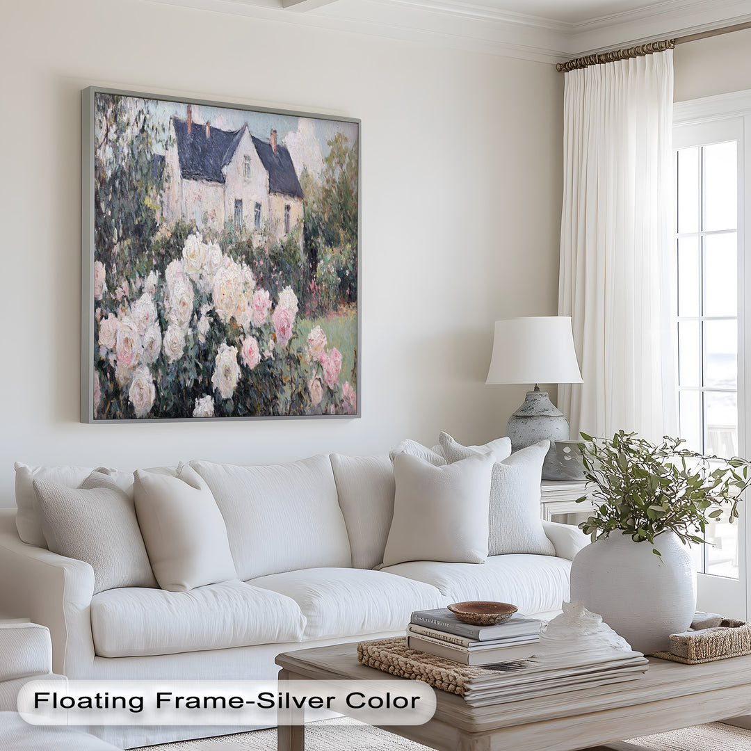 Cottage Garden Roses – Impressionist Floral House Scene Oil Painting