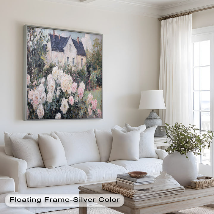 Cottage Garden Roses – Impressionist Floral House Scene Oil Painting