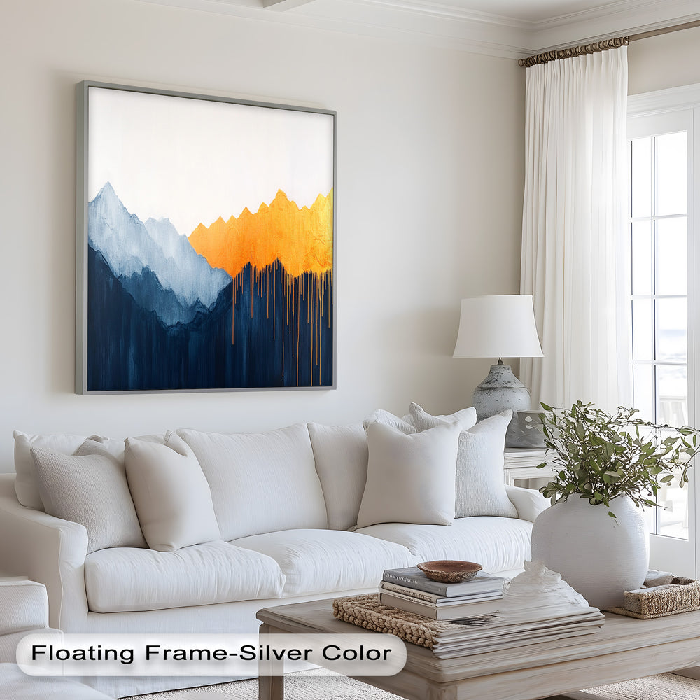 Minimalist landscape artwork featuring layered peaks and dripping gold.
