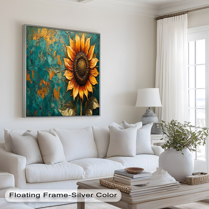 Sunflower on Textured Teal - Flower Oil Painting
