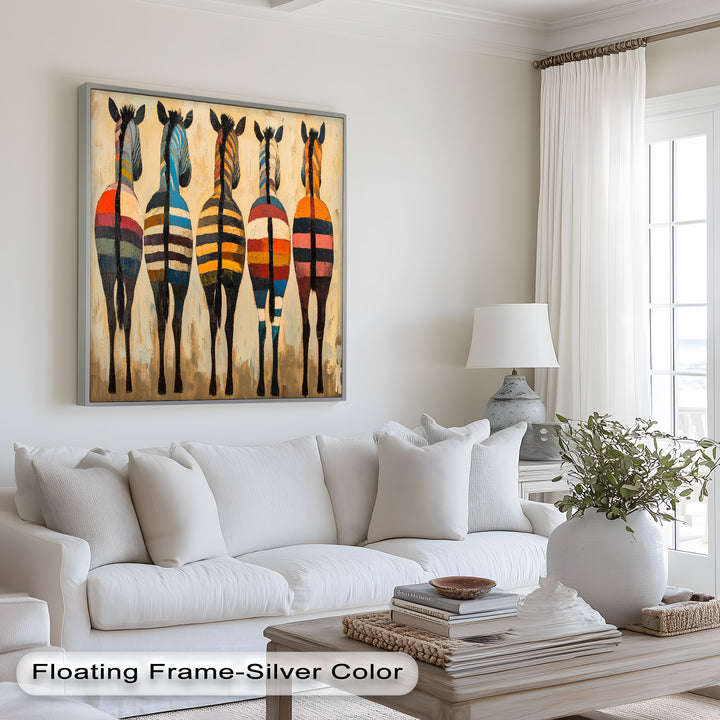 Five Colorful Zebras with Bold Stripes – Animal Oil Painting
