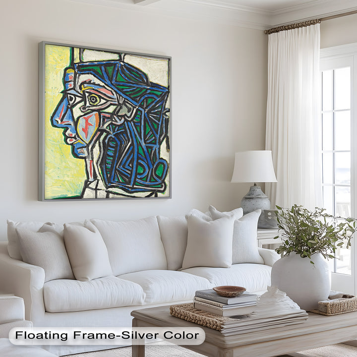 Angular Gaze – Geometric Portrait with Blue and Green Lines Picasso Oil Painting
