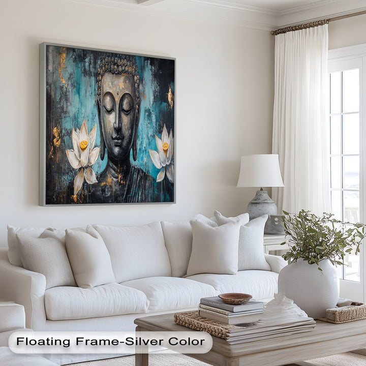 Teal Buddha with Lotus Flowers – Religious Oil Painting