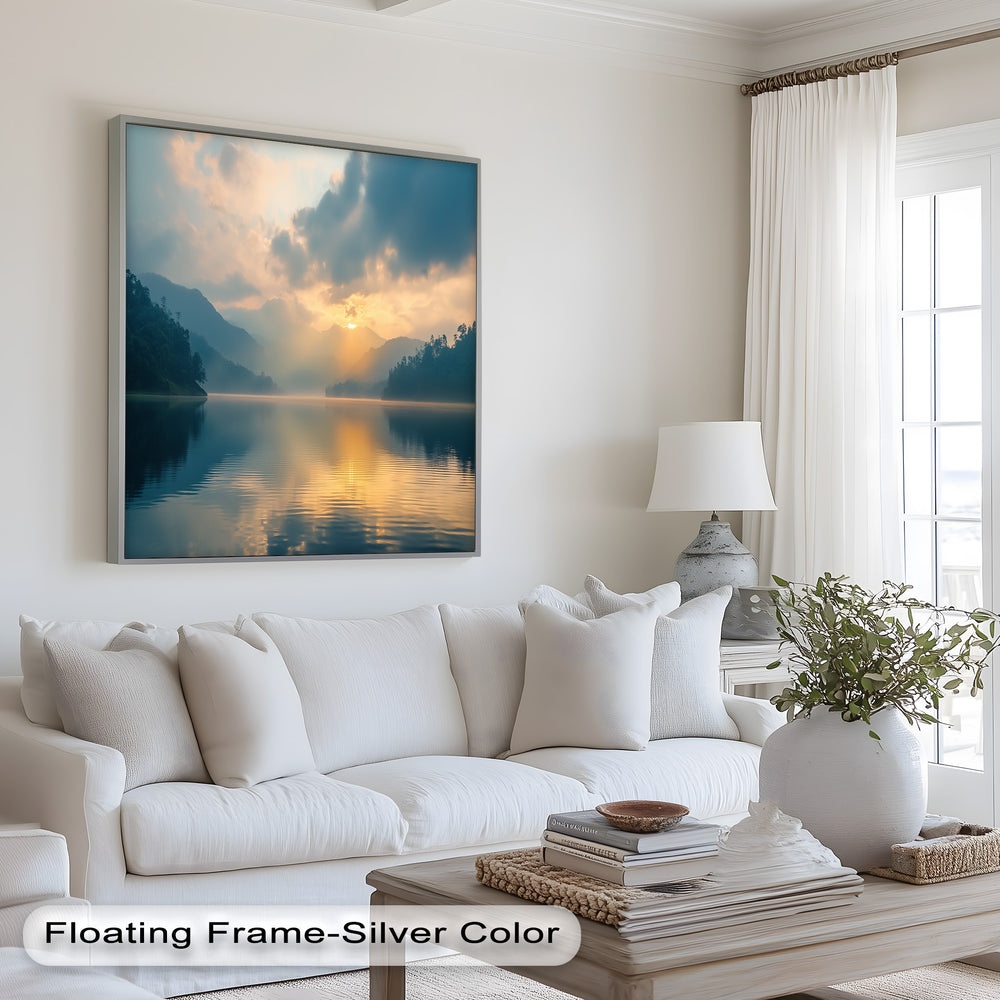 This exquisite oil painting captures the warm glow of the morning sun rising over a calm lake, with rolling mist-covered mountains in the background. A timeless nature-inspired masterpiece, ideal for bringing serenity into your home.