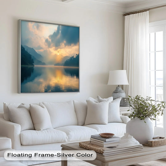 High color saturation enhances the serene atmosphere of this sunrise over a mountain lake oil painting home decor, with golden light reflecting on the tranquil water.