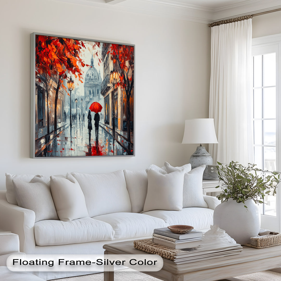 Lovers Walking with Red Umbrella - Love Oil Painting