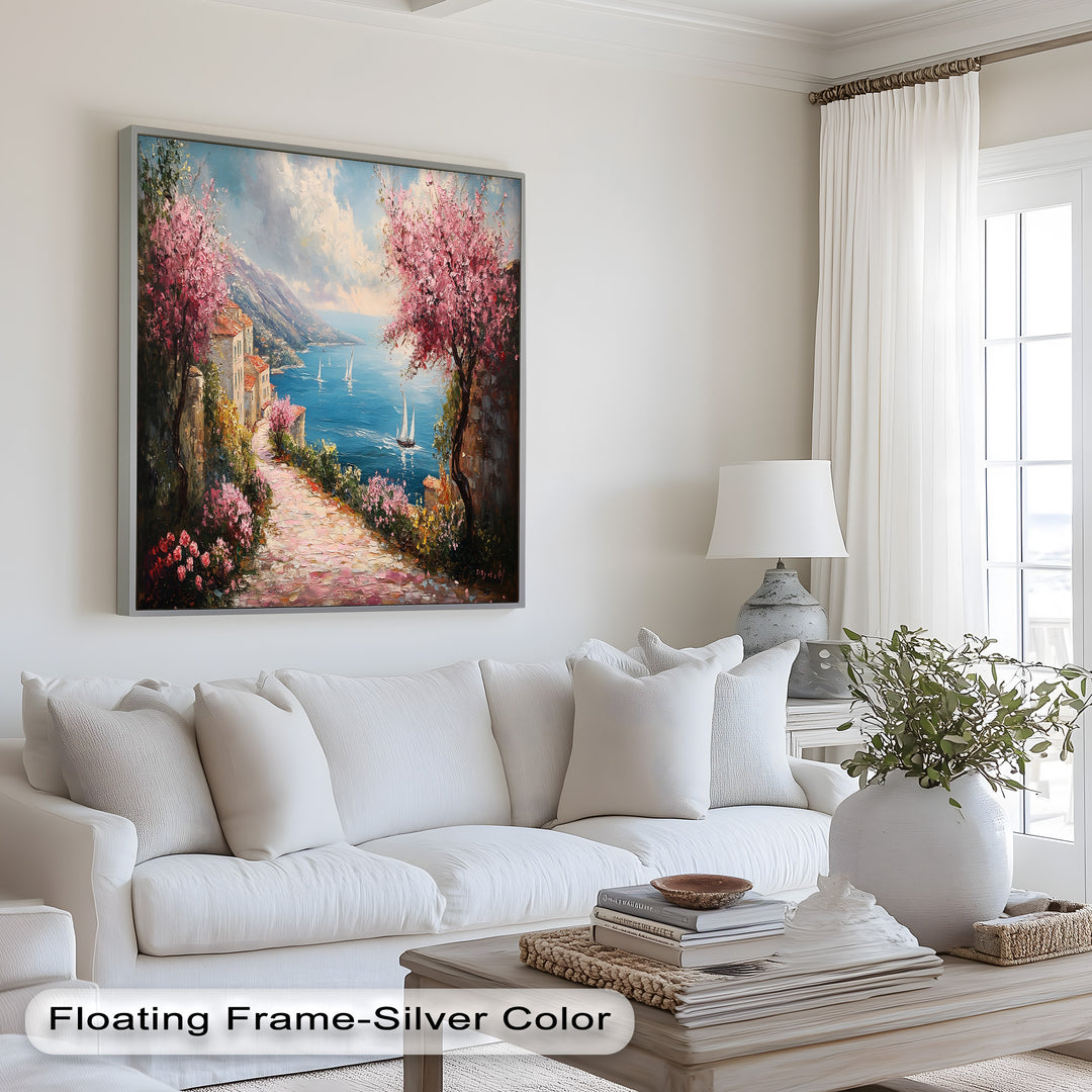 Incredible Sea Street & Spring Blossoms – Coastal Charm Oil Painting