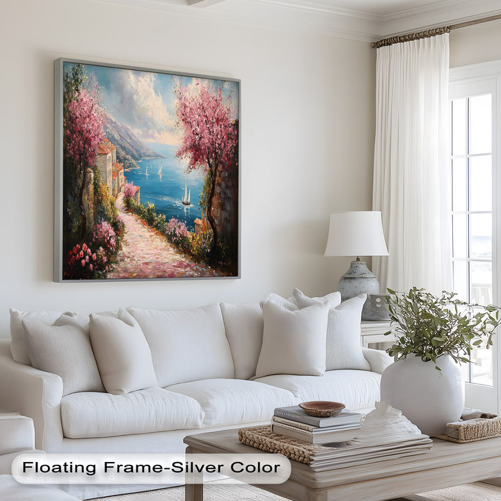 Incredible Sea Street & Spring Blossoms – Coastal Charm Oil Painting