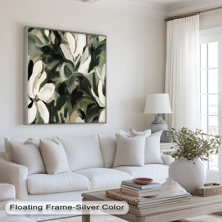 Cream Blooms in Forest Green - Flower Oil Painting