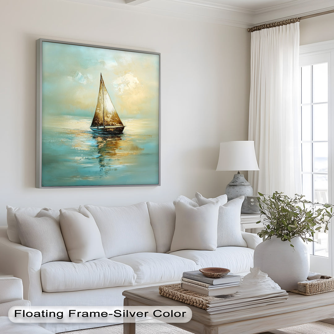 Golden Drift – Ruhiges Segelboot bei Sonnenaufgang, Boot-Ölgemälde