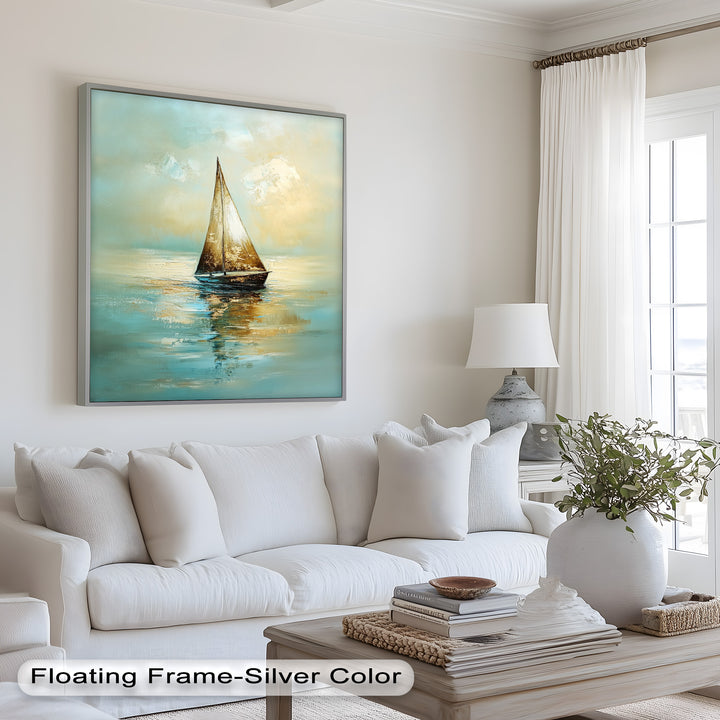 Golden Drift – Ruhiges Segelboot bei Sonnenaufgang, Boot-Ölgemälde