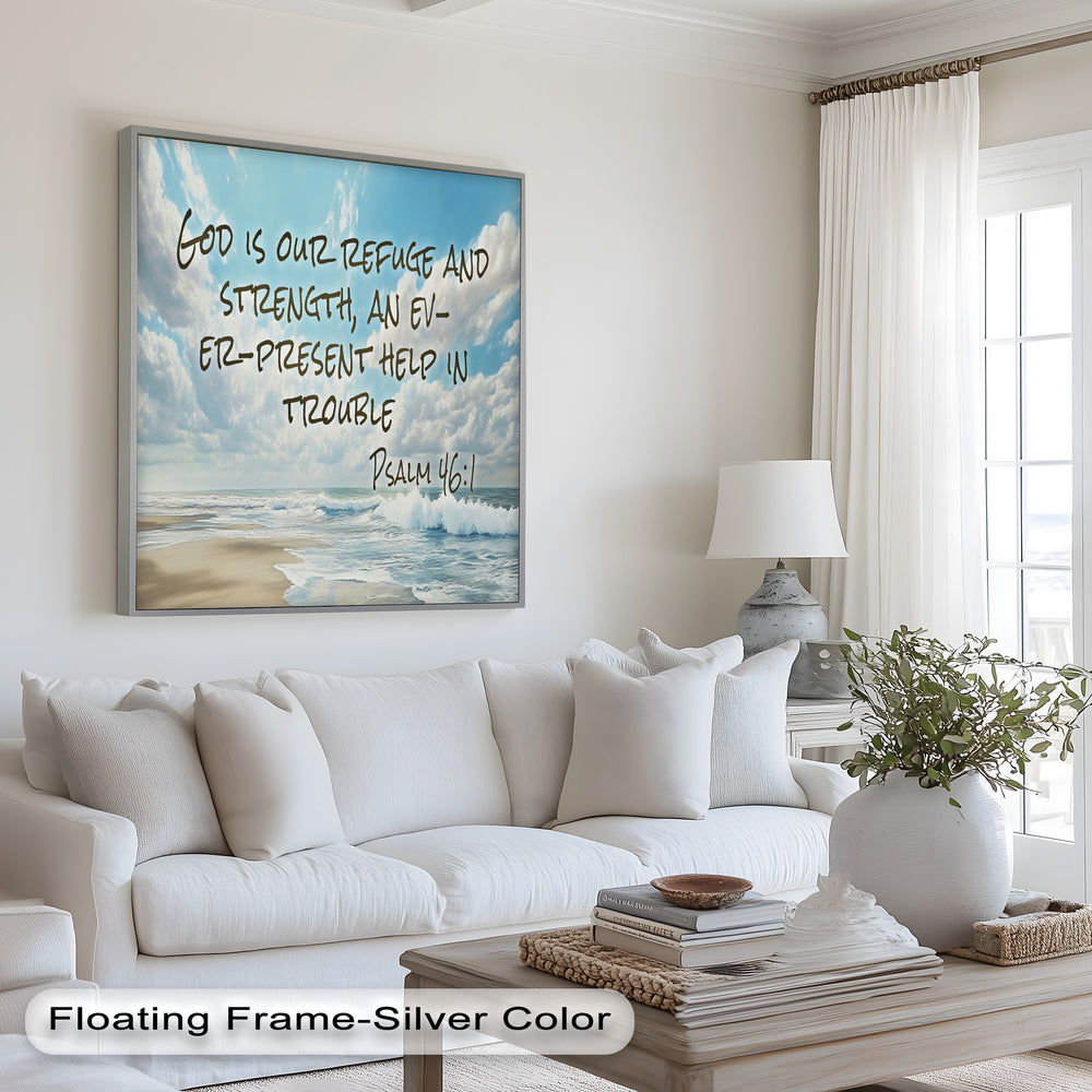 Inspirational coastal artwork symbolizing faith and divine protection.
