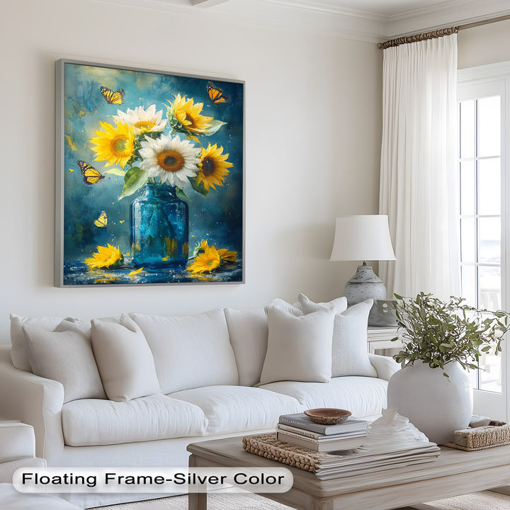 Sun-Kissed Radiance – Sunflowers in Blue Jar Flower Oil Painting