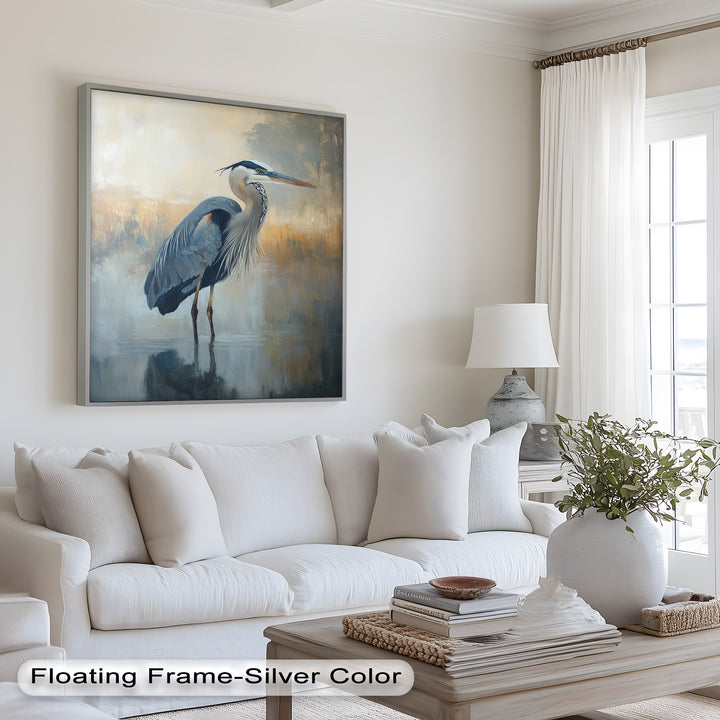 Heron in Misty Marshland - Framed Oil Painting