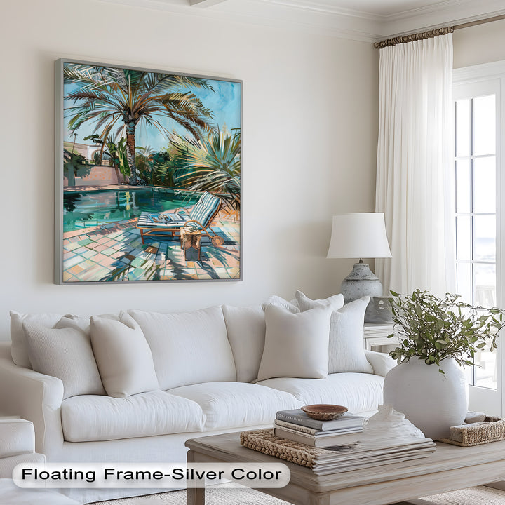 Poolside Palm Tree Escape – Tropical Oil Painting