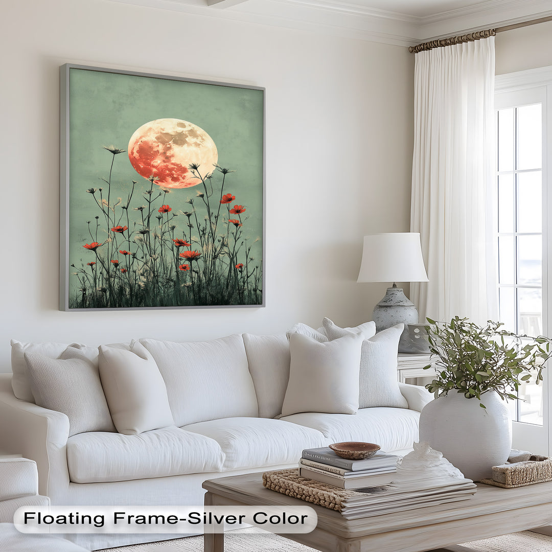 Celestial Wildflowers – Full Moon Over Red Meadow Blooms Oil Painting