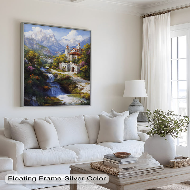 Mountain Abbey by the Falls – Serene Renaissance Oil Painting