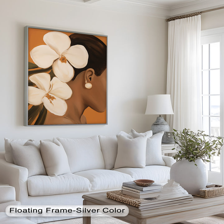 A stunning tribute to natural beauty, this piece combines simplicity and elegance, showcasing the quiet strength of a woman adorned in floral elegance.