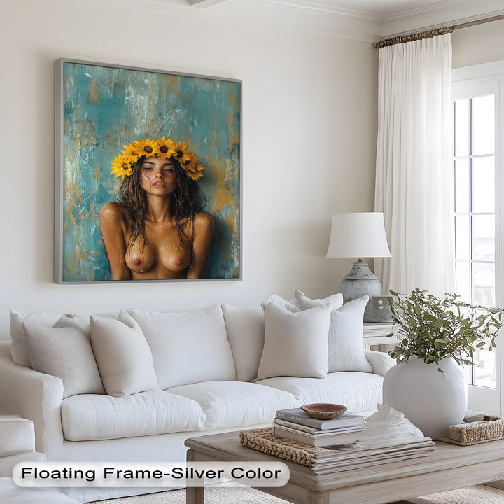 Sun-Kissed Solstice – Woman with Sunflower Crown Abstract Oil Painting