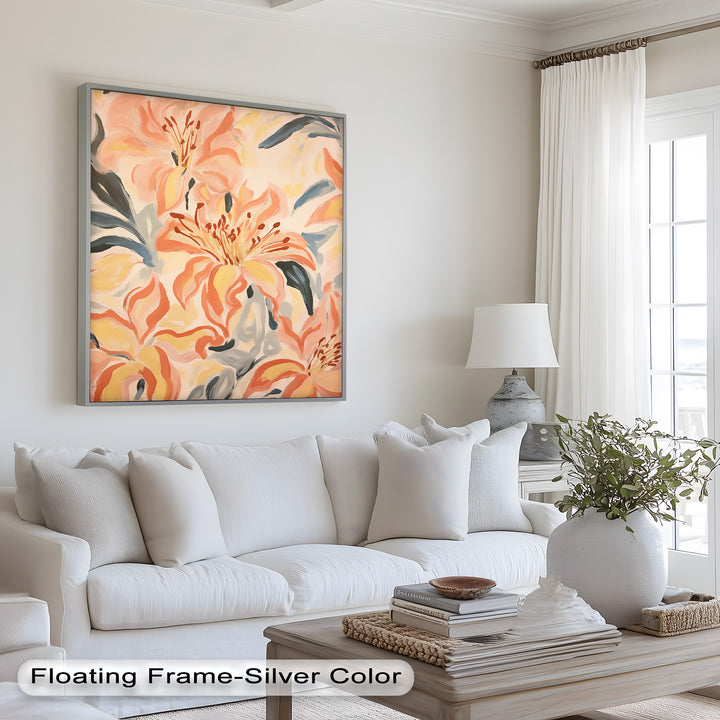 Sunlit Lilies – Abstract Coral Flower Oil Painting