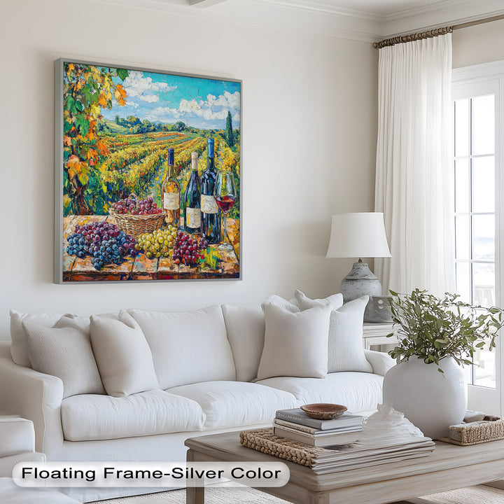Wine Bottles and Grapes in Sunlit Fields - Still Life Oil Painting