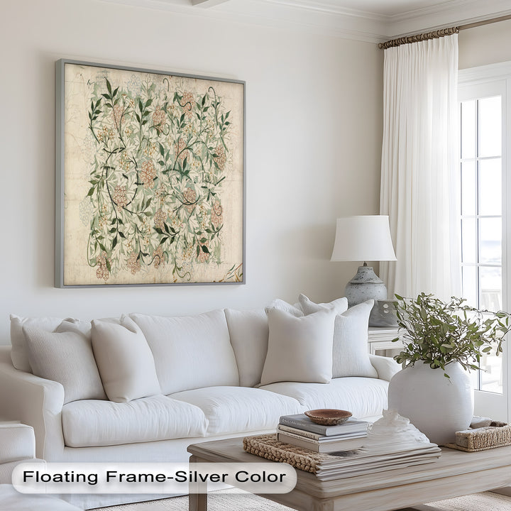 A vintage botanical study featuring detailed floral motifs and flowing leaf patterns, capturing the beauty of nature in an artistic composition.