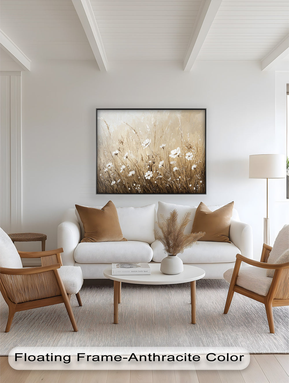 Neutral botanical painting with soft white blooms.
