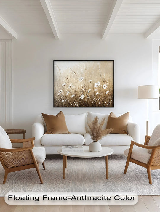 High-quality oil painting art prints showcase the texture of the 'Whispers of Wheat' floral oil painting, emphasizing its fine art material on wood with a floating anthracite frame.