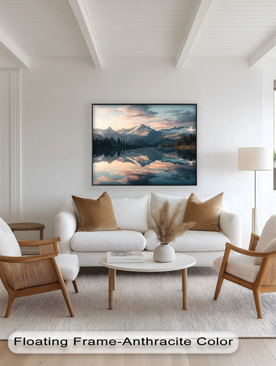 Vivid color contrast highlights the serene mountain reflected in the lake of this landscape oil painting wall art, enhancing its serene and modern ambiance.