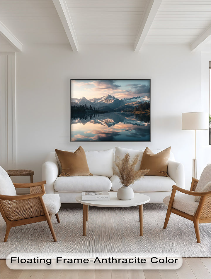 Majestic snow-capped peaks mirrored in serene lake landscape.
