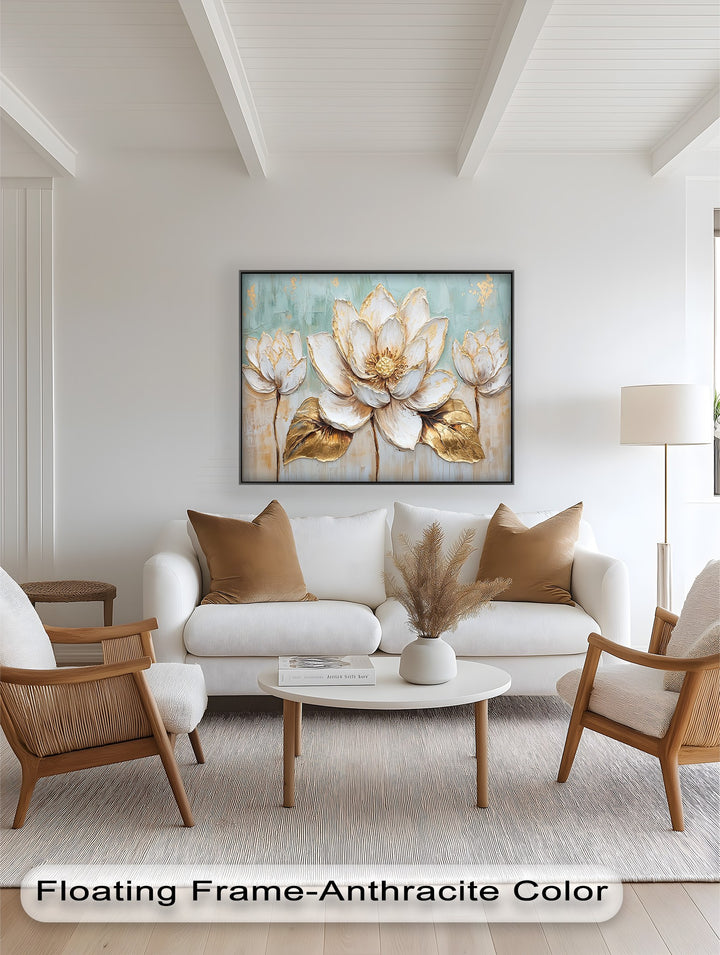 Textured floral art with shimmering gold accents.
