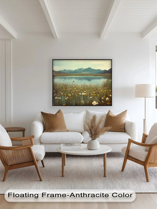 Visual rhythm creates a calming effect in the framed oil painting artwork featuring the repeating blooms of wildflowers near the lake under distant mountain peaks.