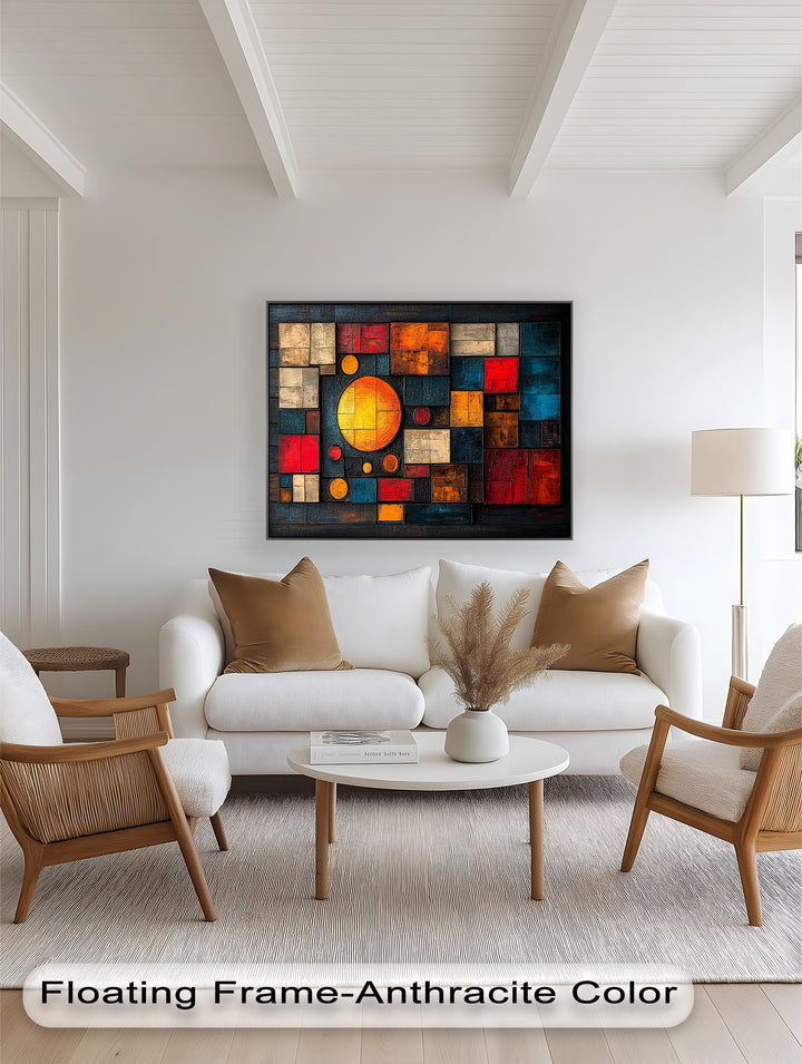 Vivid geometric composition with textured squares and glowing orb.
