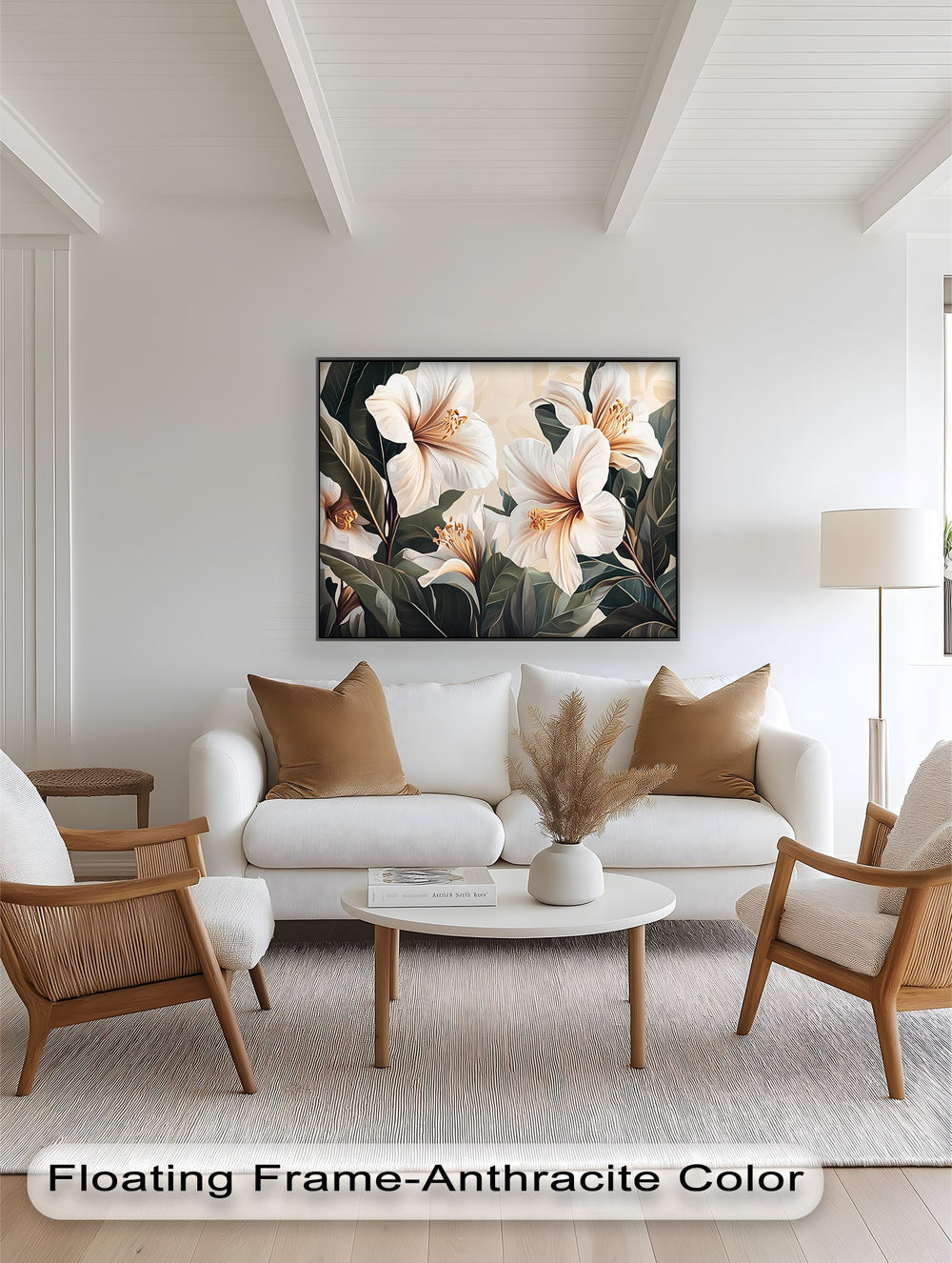 Large white hibiscus floral artwork with rich botanical detail.

