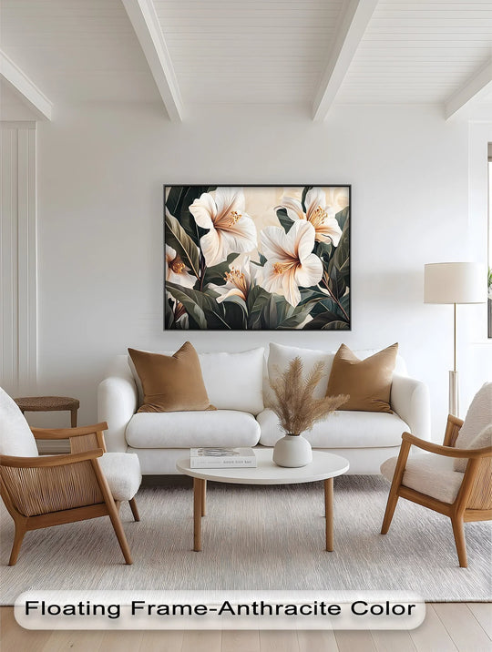 Dominant creamy white hues highlight the details of this botanical oil painting home decor, showcasing the delicate beauty of the White Hibiscus blooms and lush green leaves.