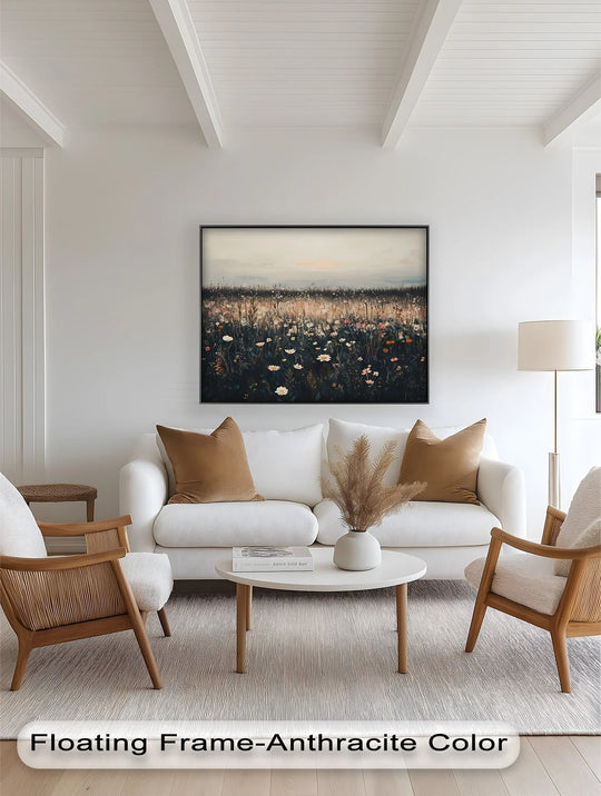 The dusky horizon in this oil painting art piece sets a calming backdrop for a wildflower meadow in 'Wildflower Horizon.'