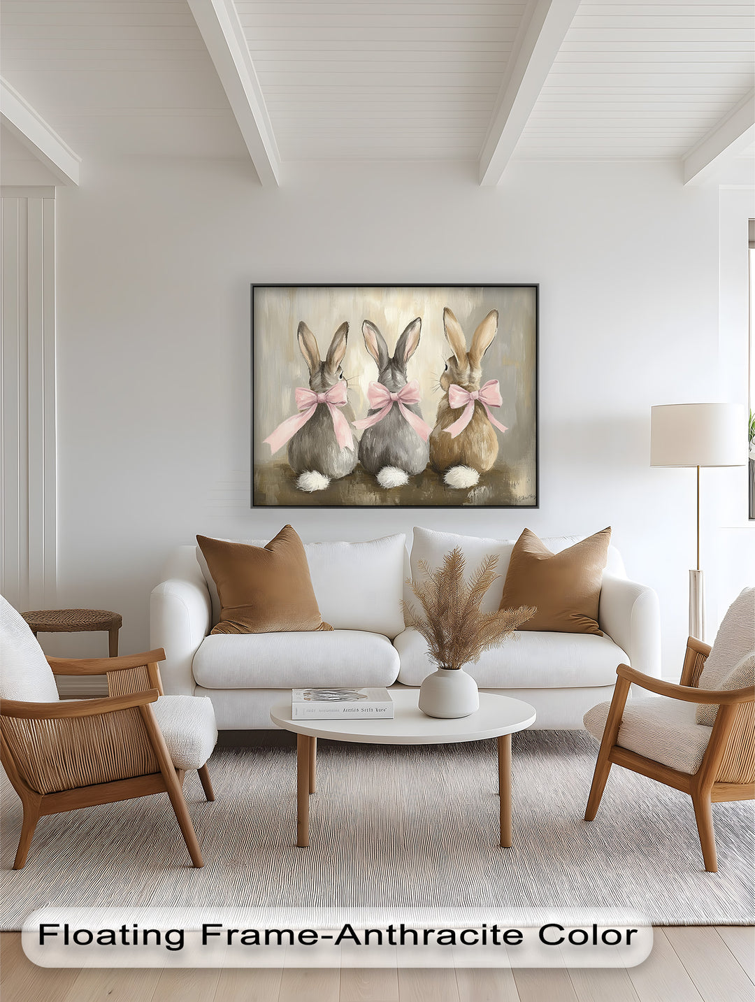 Trio of Bunnies with Pink Bows – Animal Oil Painting