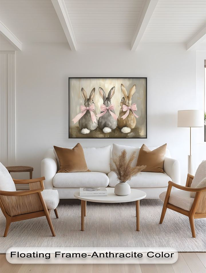 Trio of Bunnies with Pink Bows – Animal Oil Painting