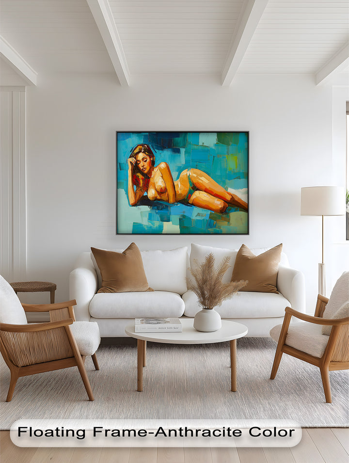 Tropical Repose – Reclining Woman with Ocean Tones Oil Painting