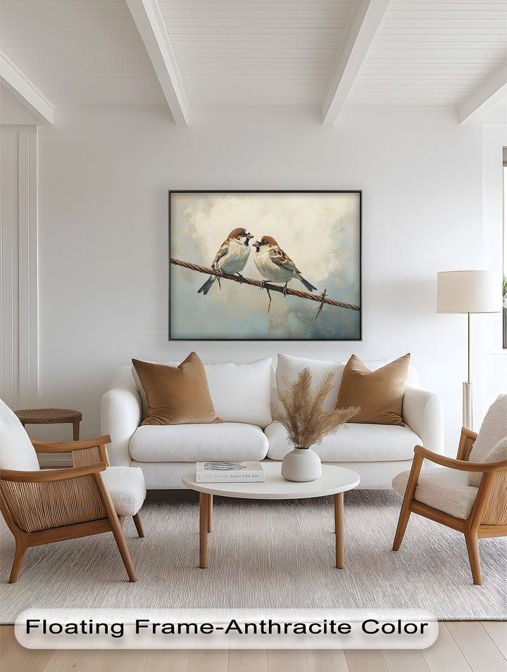 Two Sparrows on a Wire – Bird Oil Painting