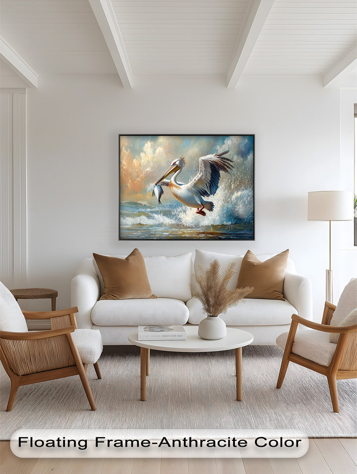 Pelican Catching Fish in Ocean Surf – Animal Oil Painting