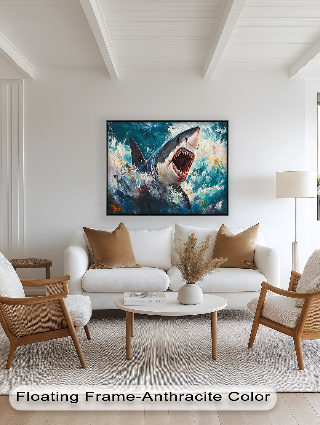 Ferocious Shark Emerging from Turbulent Waters – Animal Oil Painting