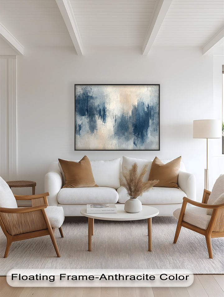 Echoes in Mist – Stimmungsvolles abstraktes Ölgemälde in Blau und Beige
