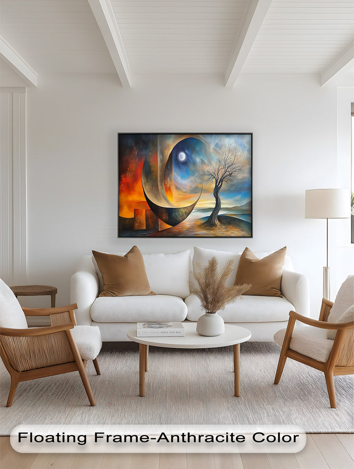 Moonlit Tree and Surreal Horizon - Abstract Oil Painting