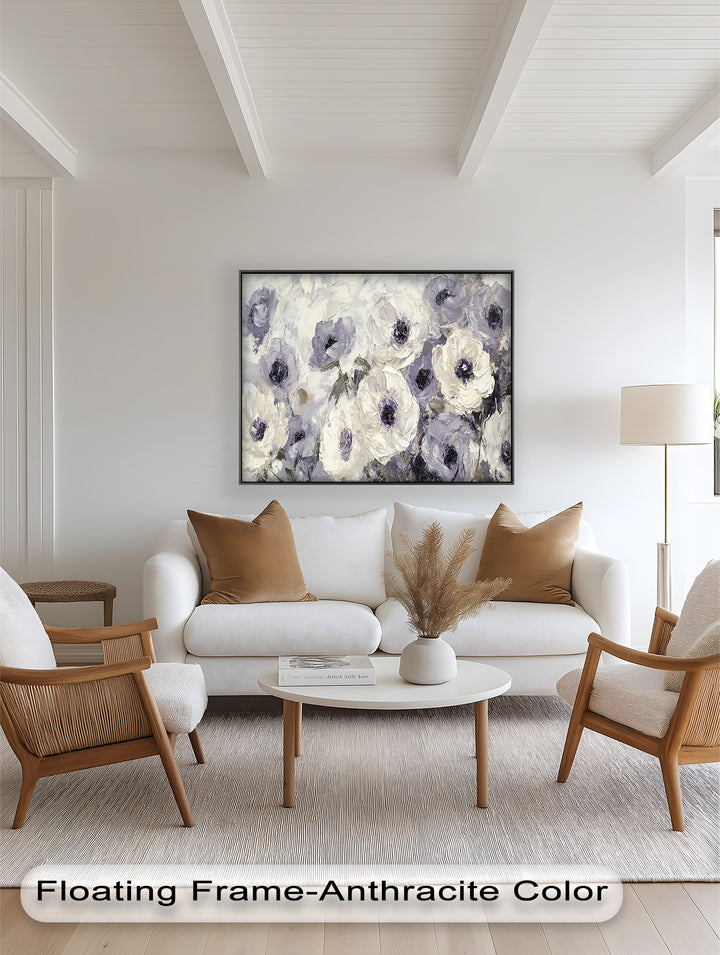 Ivory Whispers – Cream and Lavender Anemone Flower Oil Painting
