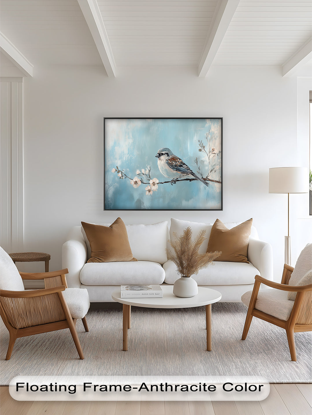 Friedlicher Spatz auf Frühlingszweig – Vogel-Ölgemälde